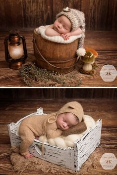 a newborn baby is sleeping in a wooden crate with his hat on and other items around him