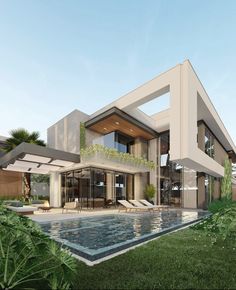 this is an artist's rendering of a modern house with pool and outdoor furniture