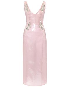 ERDEM Pink V Neck Cocktail Dress V neck V back Sleeveless Concealed back zip closure Pencil skirt Midi length Crystal embellishment detail Sequin fabrication throughout 100% polyester outer, 60% glass, 30% brass, 10% acrylic detail, 73% acetate, 27% silk, lining Erdem Dress, Embellishment Details, V Neck Cocktail Dress, Skirt Midi, Crystal Embellishment, Midi Length, Pencil Skirt, Midi Skirt, Sequin