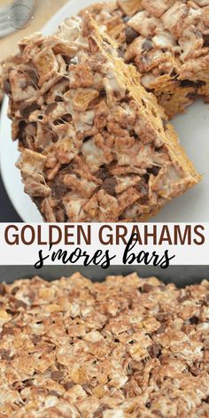 golden graham s'mores bars are stacked on top of each other with the words, golden graham s'mores bars