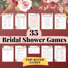 the 25 bridal shower games with flowers and greenery on them, are shown