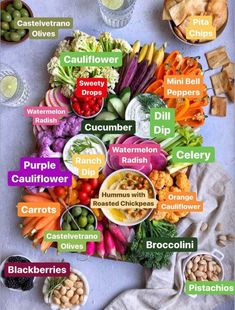 the food pyramid is full of different types of vegetables and fruits, including carrots, cucumber, dip, celery, broccoli, cauliflower, beans, olives,