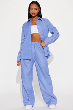 Available In Blue. Striped Pant Set Non Stretch Button Up Collared Shirt Wide Leg Pant Elastic Waistband Button Detail 31" Inseam Self: 35% Cotton 65% Polyester Imported | Hannah Striped Pant Set in Blue size XS by Fashion Nova Blue Bottoms With Button Closure For Daywear, Blue Bottoms With Buttons For Loungewear, Blue Button-up Bottoms With Pockets, Blue Button-up Summer Pants, Relaxed Fit Pants With Button Closure For Daywear, Spring Loungewear Bottoms With Buttons, Blue Button-up Bottoms For Work, Relaxed Fit Bottoms With Button Cuffs For Loungewear, Spring Button-up Pants With Button Cuffs