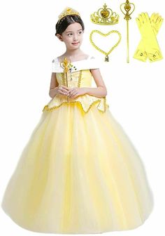 Romy's Collection Princess Yellow Belle Costume Party Dress Accessories Included: Tiara, wand, neckless and gloves. Stretchy elastic velvet fabric on the bodice. Decorated with gold accents and lace designs. Great for dress-up and special occasions such as holidays, birthdays and pageants! Made from non-itchy, high quality and comfortable fabric.                            "HASSLE FREE, BUY WITH CONFIDENCE".  30 DAYS RETURN IF YOU ARE NOT FULLY SATISFIED WITH YOU PURCHASE!!!     Fast and Free US Shipping with tracking!   After cleared payment, orders are shipped in the same or next business day from Pompano Beach, FL - USA, (excludes weekends and holidays) with tracking number. Tracking information will be automatically uploaded as soon as the item has been shipped. Please make sure to pro Holiday Princess Dress Ball Gown, Christmas Tulle Princess Dress For Fancy Dress, Princess Style Fitted Ball Gown For Dress-up, Fitted Fairytale Costume For Dress-up, Halloween Ball Gown For Party, Snow White Costume Dress For Cosplay Events, Princess Style Pink Dress For Christmas Fancy Dress, Princess Style Christmas Fancy Dress, Halloween Fancy Dress Ball Gown