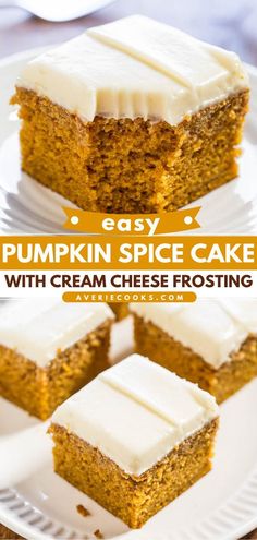 pumpkin spice cake with cream cheese frosting is on a white plate and has two slices cut out