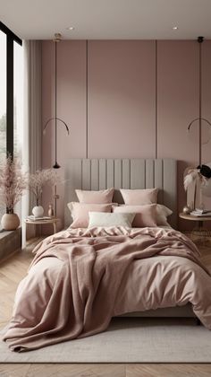 a bed with pink sheets and pillows in a bedroom