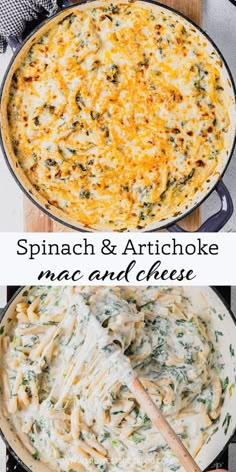 spinach and artichoke mac and cheese in a skillet