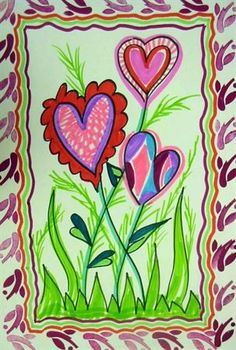 a painting with hearts and flowers on it