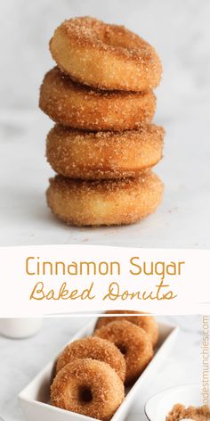 cinnamon sugar baked donuts stacked on top of each other