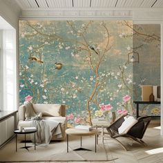 a living room filled with furniture and wallpaper