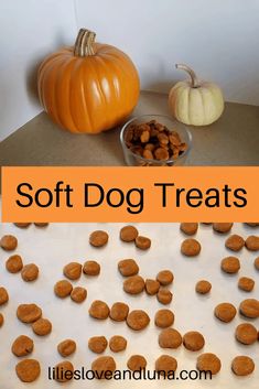 two pictures with pumpkins and dog treats on the table in front of them is an orange sign that says soft dog treats