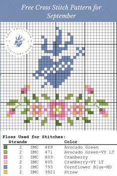 a cross stitch pattern with flowers on it and the text free cross stitch pattern for september