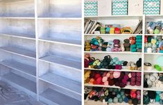 the shelves are filled with yarn and crochet hooks