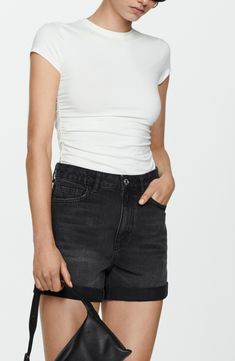 Modeled after mom shorts from the '90s, this nonstretch-denim pair with a high waist brings relaxed, classic style to any casual outfit. Zip fly with button closure Five-pocket style 100% cotton Machine wash, line dry Imported Casual Stretch Cutoff Jean Shorts, Casual Stretch High-waisted Jean Shorts, Casual Stretch Jean Shorts With High Waist, Casual Stretch High Waist Jean Shorts, Black Cutoff Tops For Summer, Casual Stretch Cutoff Tops, Denim Tops With Built-in Shorts In Relaxed Fit, Casual Short Denim Tops, Casual Denim Short Length Tops