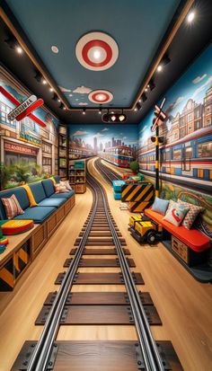 a train track is painted on the wall in this kids's playroom with colorful furniture