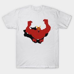 a white t - shirt with an image of a red devil flexing his muscles