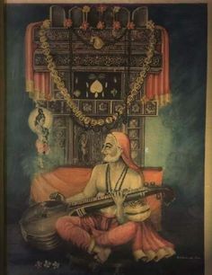 an old painting of a man playing the sitar