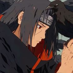 an anime character with black hair and a crow on his head