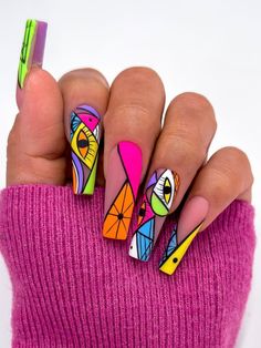 Multicolor  Collar    Color Nails Embellished   Beauty Tools Nails Matte, Abstract Nail Art, Nagel Tips, Manicure Diy, Finger Nails, Nail Design Inspiration, Coffin Press On Nails, Eye Pattern