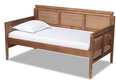 a wooden bed frame with white sheets and pillows on it's headboard, against a white background