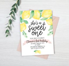 a card with lemons and leaves on it, says she's a sweet one