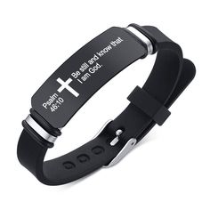 Description: It is a good gift for your lover,family,friend and coworkers Color: Black/Silver Material: Silicone Bracelet Length: 150-200 mm Package Included: Bracelet*1 pc Jesus Bracelet, Bible Verse Faith, Jesus Scriptures, Faith Bracelet, Christian Bracelets, Cross Jesus, Religious Cross, Christian Bible Verses, Silicone Bracelets