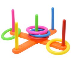 an assortment of colorful plastic rings and ring holders on top of each other with handles