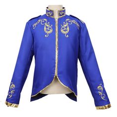 Retro Vintage Ancient Court Royal Coat Togae Men Suits Fashion Gothic Medieval Cloth Uniform Halloween Carnival Cosplay Costume. Zipper Closure. Blue And Gold. Winter Blue Fitted Cosplay Costume, Blue Fitted Cosplay Costume For Winter, Blue Costume For Fantasy And Cosplay Events, Blue Winter Costumes For Themed Events, Winter Blue Outerwear For Cosplay, Blue Long Sleeve Cosplay Costume For Events, Fitted Blue Costumes For Costume Party, Fitted Blue Costume For Costume Party, Fitted Blue Cosplay Costume For Costume Party