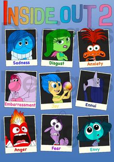 an image of inside out 2 with the words inside out in different colors and shapes