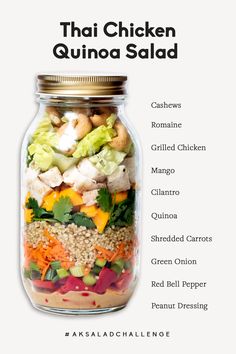 the ingredients for thai chicken quinoa salad in a jar