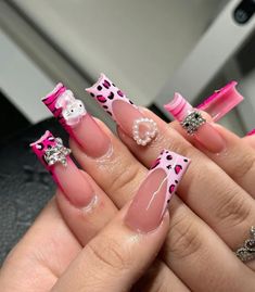 Pink Acrylic French Tip Nails, French Tip Nails Medium Length, French Tip Nails Medium, Cheetah Acrylic Nails, Acrylic French Tip Nails, Pink Cheetah Nails, Acrylic French Tip, Hello Kitty Nails Art, Flare Nails