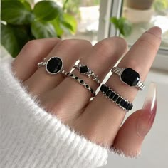 🖤✨ Gothic Black Stone Ring Set ✨🖤 Unleash your dark elegance with our Gothic Black Stone Ring Set. Perfect for those who love unique, gothic, and punk jewelry, this striking set features bold black stones set in intricate, dark-themed designs. Each piece exudes a cool and mysterious vibe, making it a must-have for anyone with a taste for the unconventional. Elevate your style with this captivating and edgy ring set. Each order comes with the 5 rings you see in the picture. Pick between Gold or Black Crystal Ring, Ring Sets Boho, Rhinestone Ring, Anklet Jewelry, Vintage Crystal, Green Crystals, Crystal Rings, Black Crystals, Boho Rings