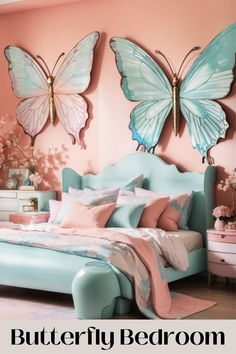 Butterfly wall art takes flight in this dreamy bedroom, creating a tranquil oasis. The metal butterfly wall art, with its delicate wings and exquisite detailing, graces the space with an ethereal charm. With a harmonious palette of soft pinks and teals, the butterflies seem to flutter above the bed. The pastel-hued room complements the metallic sheen of the butterflies, evoking a sense of enchantment. This artful arrangement is for anyone looking to bring nature’s grace into their home. Toddler Butterfly Room, Girls Bedroom Themes, Teal Rooms, Pastel Bedroom, Teal Bedroom