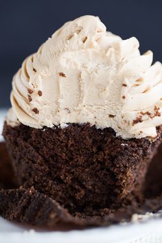 a piece of chocolate cupcake with whipped cream on top