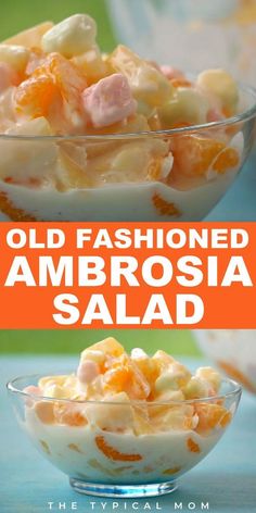 an old fashioned ambrosia salad in a glass bowl with the title overlay