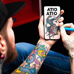 a man with tattoos on his arm holding a cell phone