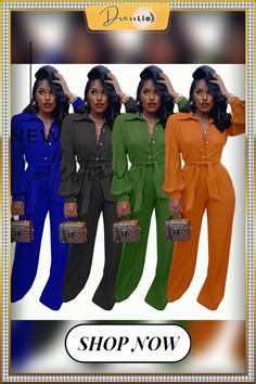 Solid Turn Down Collar Wide Leg Jumpsuit with Belt Fall Party Jumpsuits And Rompers With Pockets, Jumpsuit With Belt, Turndown Collar, Color Pick, Wide Leg Jumpsuit, 1 Million, Jumpsuit Romper, Wide Leg, Jumpsuit