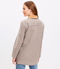 From the touchably textured corduroy collar to the contrast lining and shimmery snaps, our structured woven cotton barn jacket is all about the rustic details. Point collar. Long sleeves. Snap and zip front. Snap patch pockets. Back yoke.,Bullet1:31" long,Imported:Imported,Fit:Fit: Relaxed — an easy shape that's just shy of loose,Length:Length: Tunic - hits at thigh,Fabrication:Body: 100% Cotton, Collar: 78% Cotton 20% Modal 2% Spandex,Garment Care:Machine Washable Loft Plaid Barn Jacket Size La Luxury Plaid Cotton Outerwear, Trendy Button-up Houndstooth Outerwear, Plaid Relaxed Fit Button-up Outerwear, Plaid Double-breasted Outerwear With Button Closure, Plaid Button-up Outerwear With Button Closure, Easy Shape, Petite Jacket, Grey Outfit, Dress With Cardigan