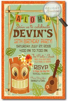 a birthday party flyer with an owl, tiki and hawaiian flowers on it's back