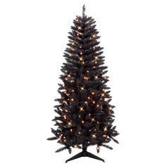 a black christmas tree with lights on it