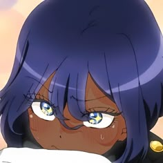 a close up of a person with blue hair and big eyes looking at the camera