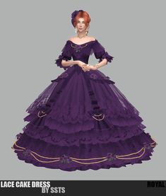 a woman in a purple dress with flowers on the chest and sleeves, is posing for a