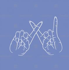 two hands making the peace sign with their fingers in front of them on a blue background