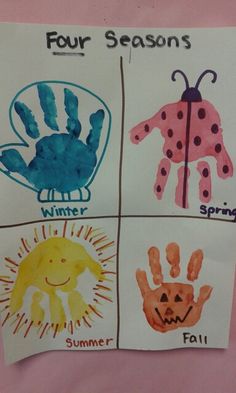 four seasons handprints are displayed on a pink sheet with the words fall, winter, and spring