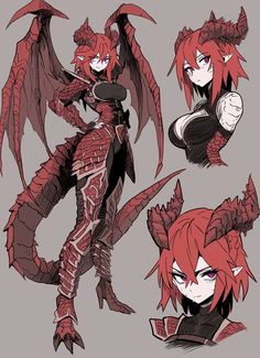 some red hair and horns are in the shape of an evil demon, with two different poses