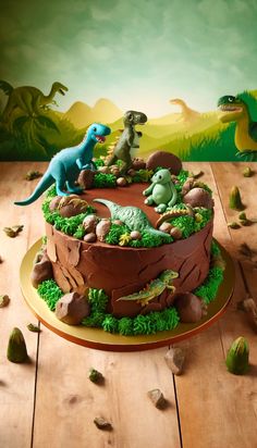 a birthday cake with dinosaurs and rocks on the bottom, sitting on a wooden table