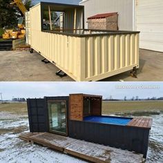 two pictures side by side one has a pool and the other has a shipping container