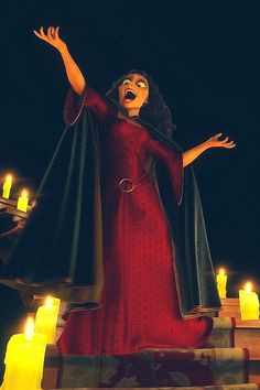 a woman dressed in red and black with her arms out, standing on stairs surrounded by candles