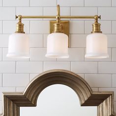 a bathroom vanity with two lights and a mirror