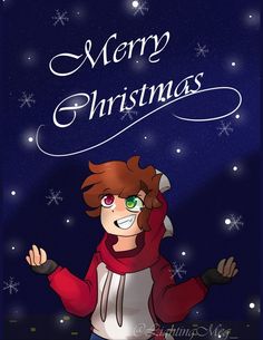 a cartoon character wearing a red jacket and scarf with the words merry christmas written on it